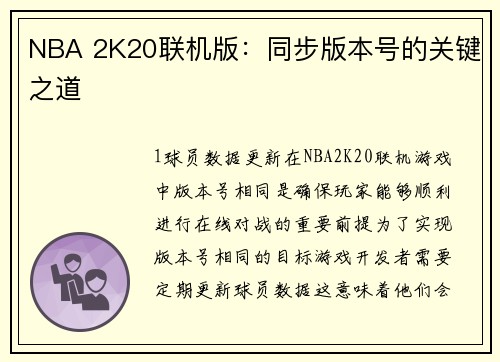 NBA 2K20联机版：同步版本号的关键之道